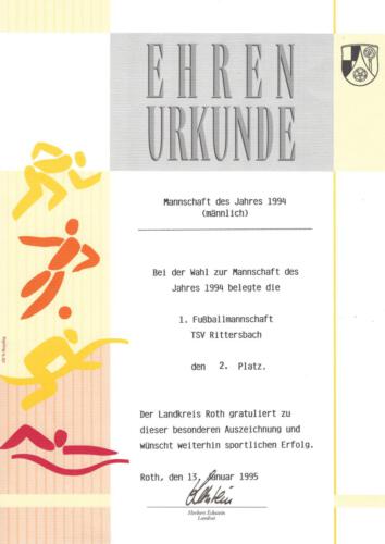 1994 Sportlerehrung Landkreis Roth; 2 . Platz Mannschaft des Jahres - männlich